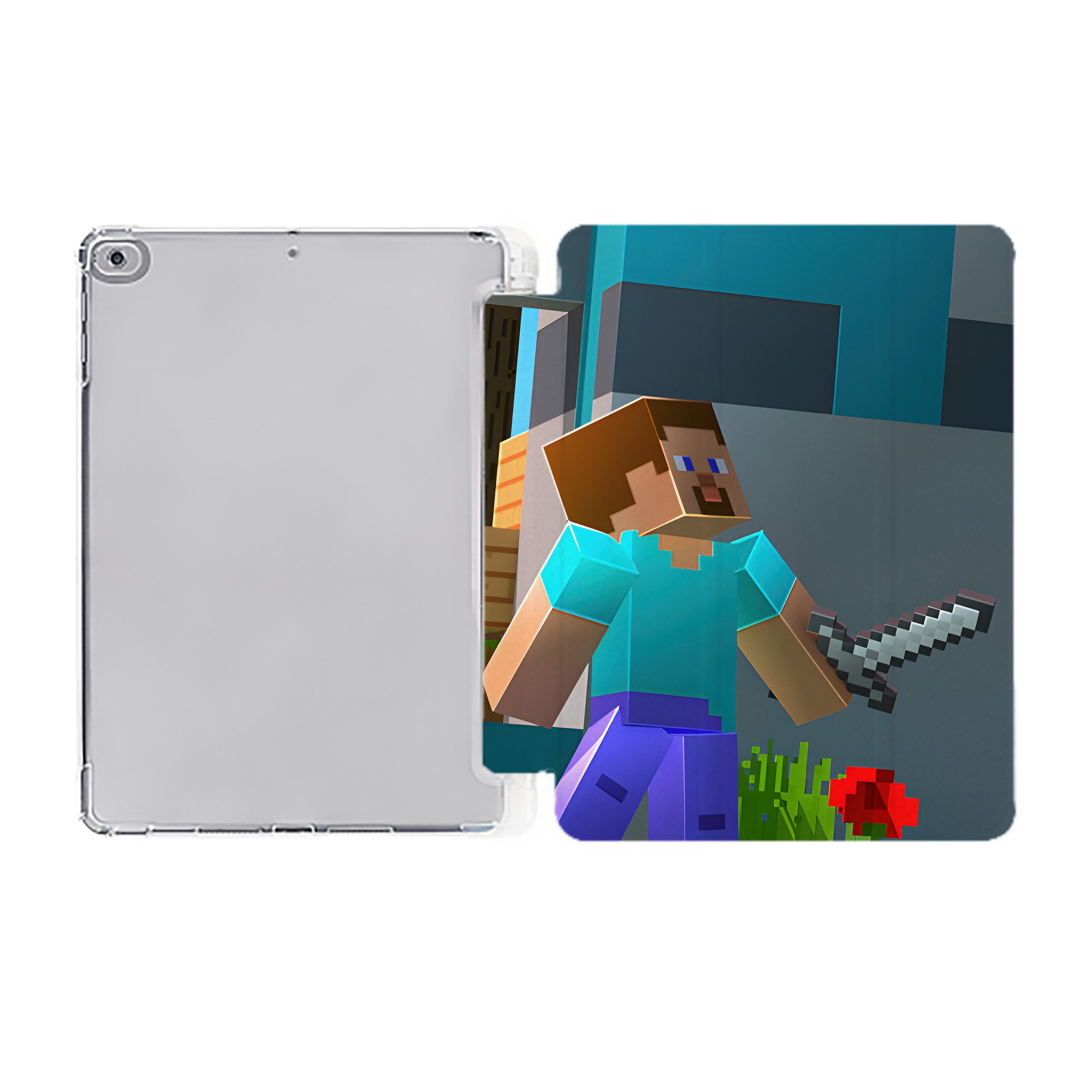 （画像用） マインクラフト ブロックの世界 Minecraft MC Block world IPad ケース ペン収納付き 三つ折りスタンド PUレザー×シリコン 対応機種9.5/10.5/10.9インチ